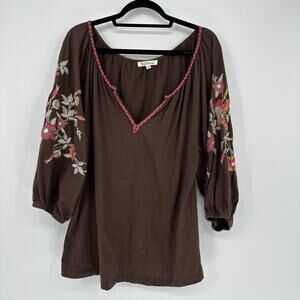 Solitaire Shirt Womens XL Brown Embroidered Floral Boho Peasant Tunic Top